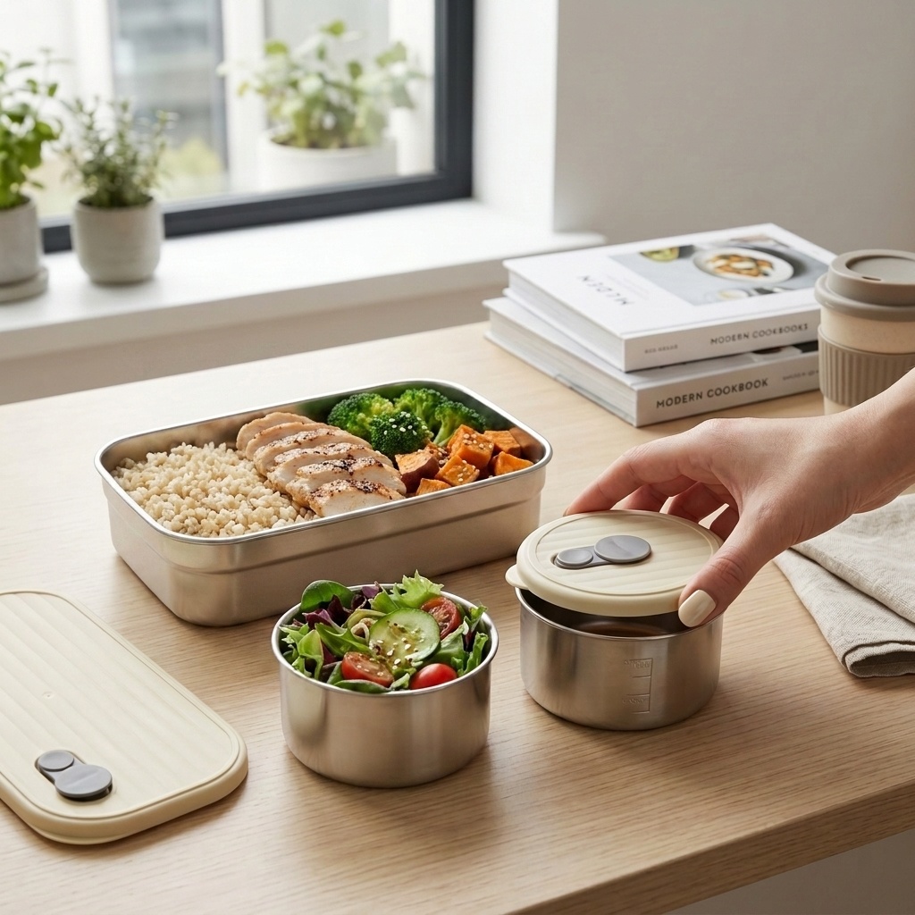 Food Storage With Compartments - Mikrodalgada Kullanılabilir 304 Paslanmaz Çelik Bento